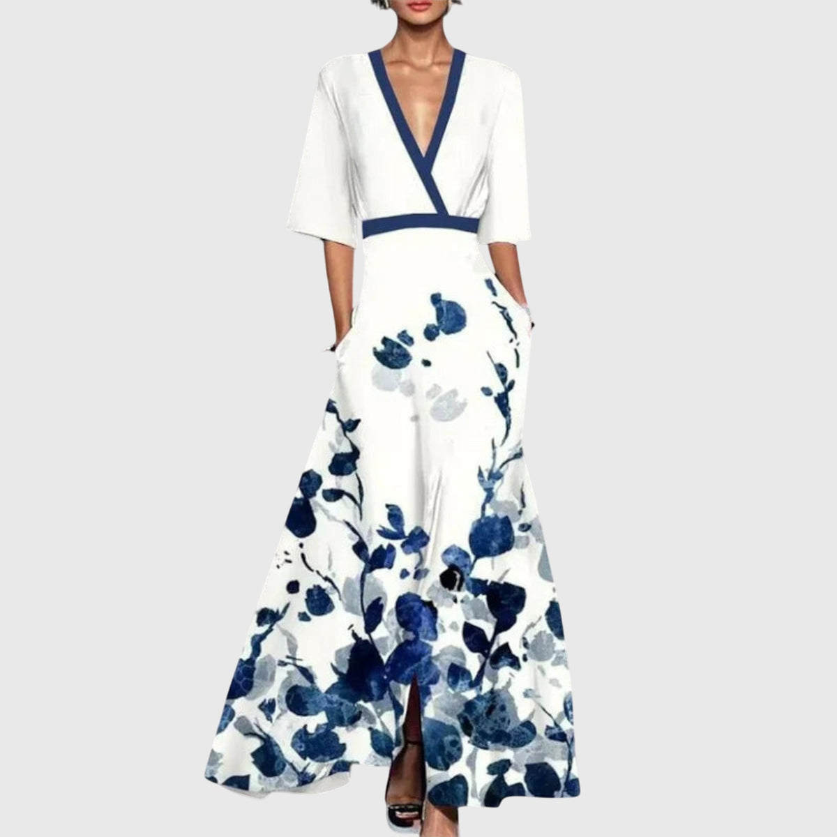 Wrap V-Neck Wedding Guest Maxi Dress in Navy