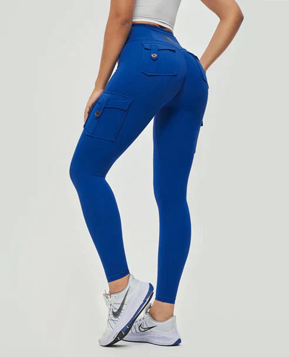 High-Waist Cargo Pocket Casual Leggings in Blue