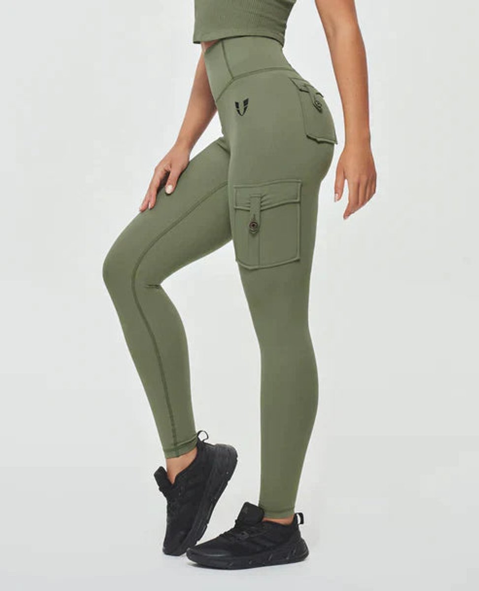 High-Waist Cargo Pocket Casual Leggings in Olive