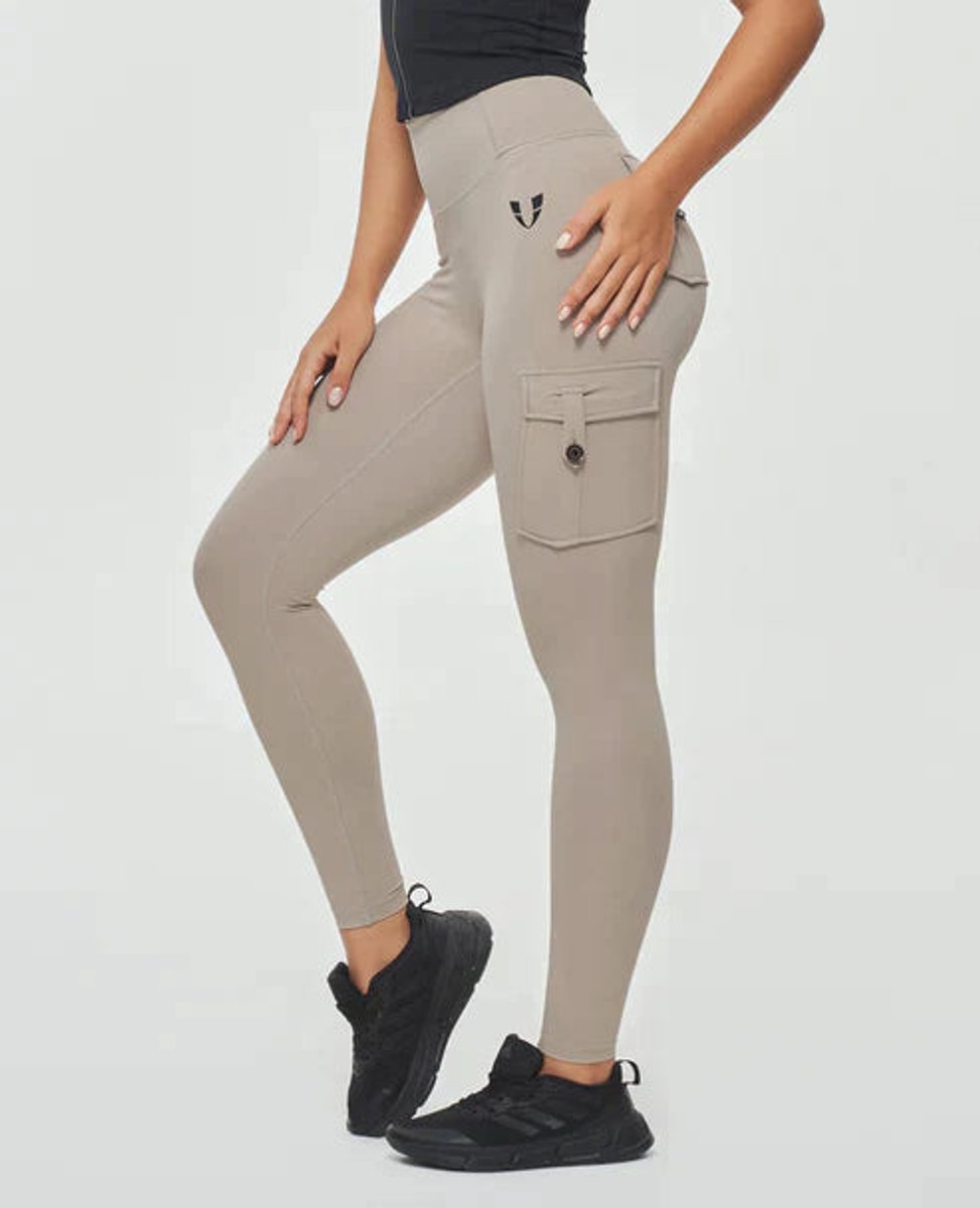 High-Waist Cargo Pocket Casual Leggings in Taupe