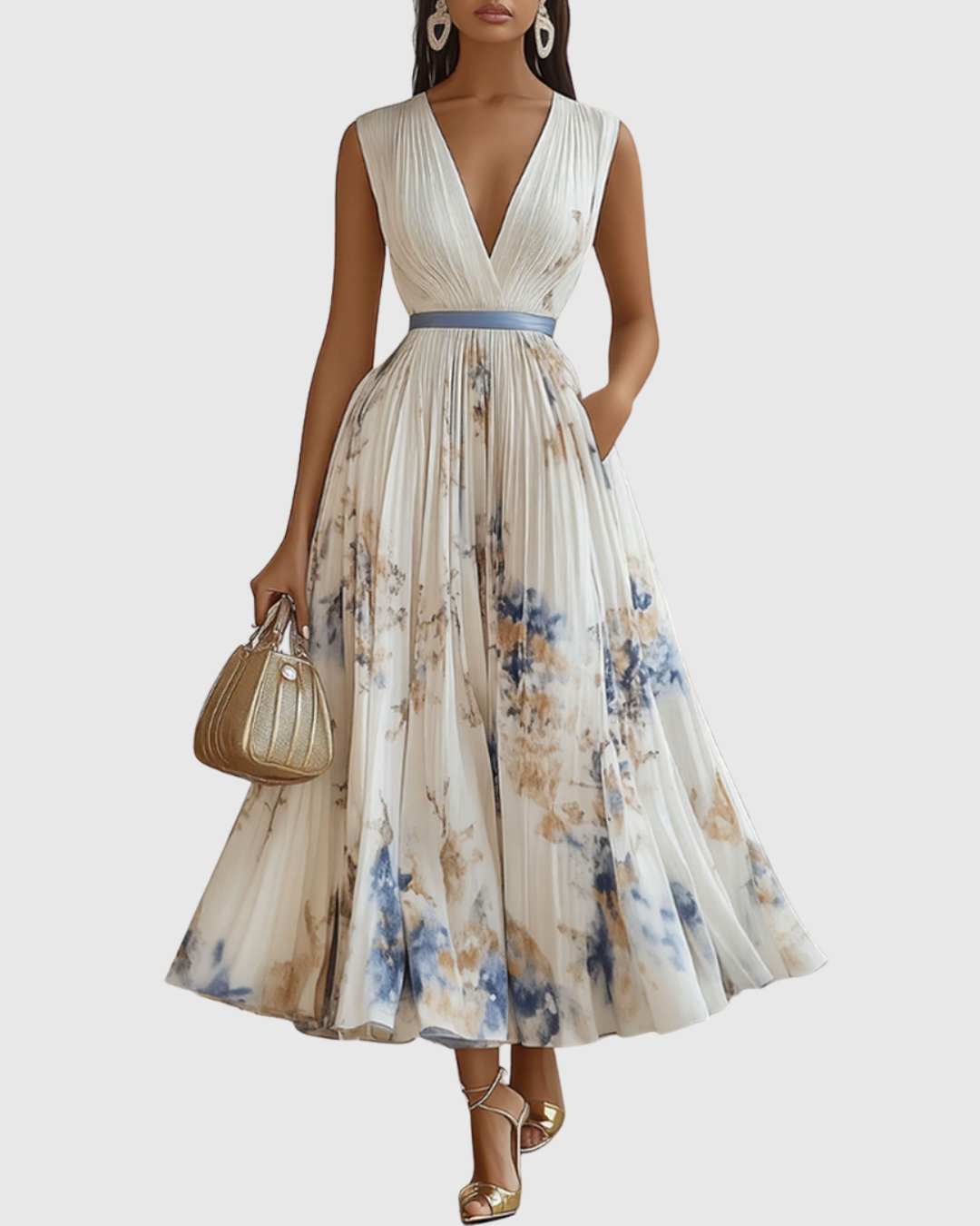 Pleated V-Neck Cocktail Midi Dress in Cream