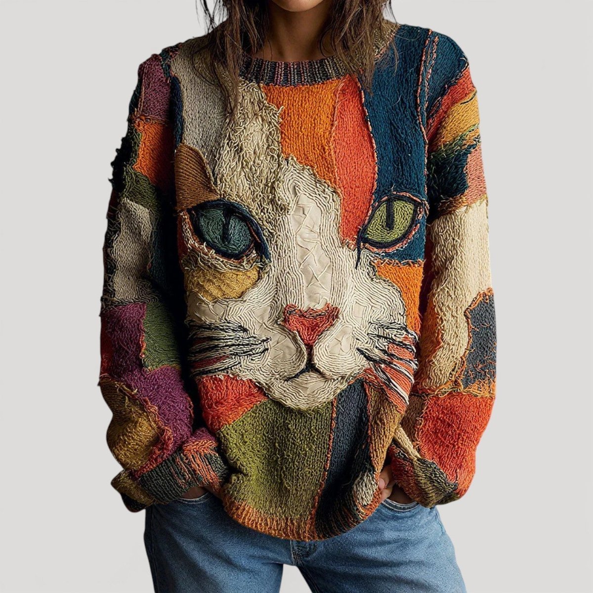 Women's Cat-Print Casual Jumper in Multicolour