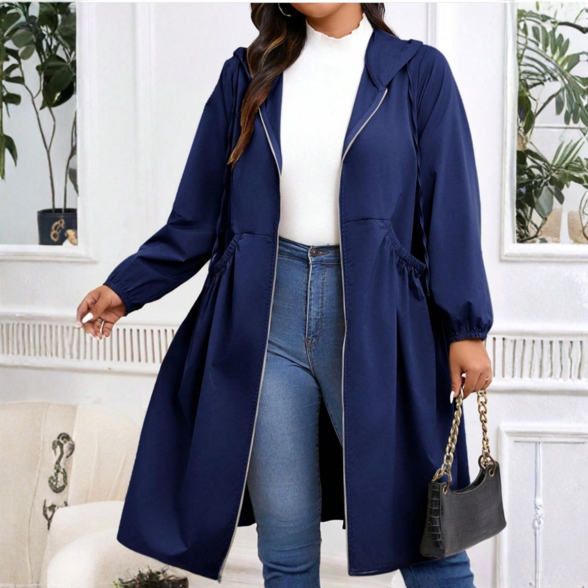 Women's Hooded Zip-Front Casual Coat in Navy