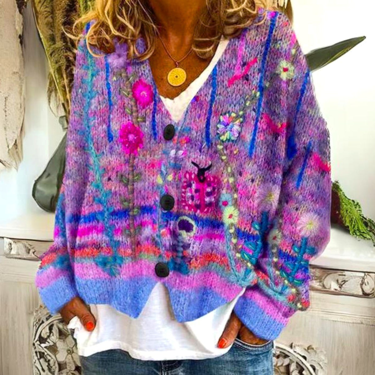 Women's Button-Front Casual Cardigan in Purple