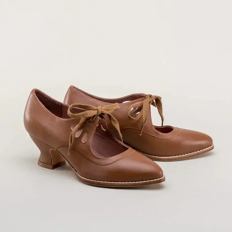 Cut-Out Lace-Up Casual Heels in Camel