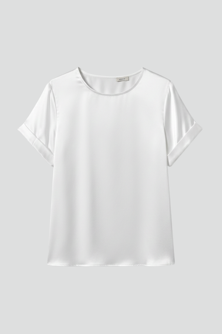 Round-Neck Cuffed Casual Blouse in White