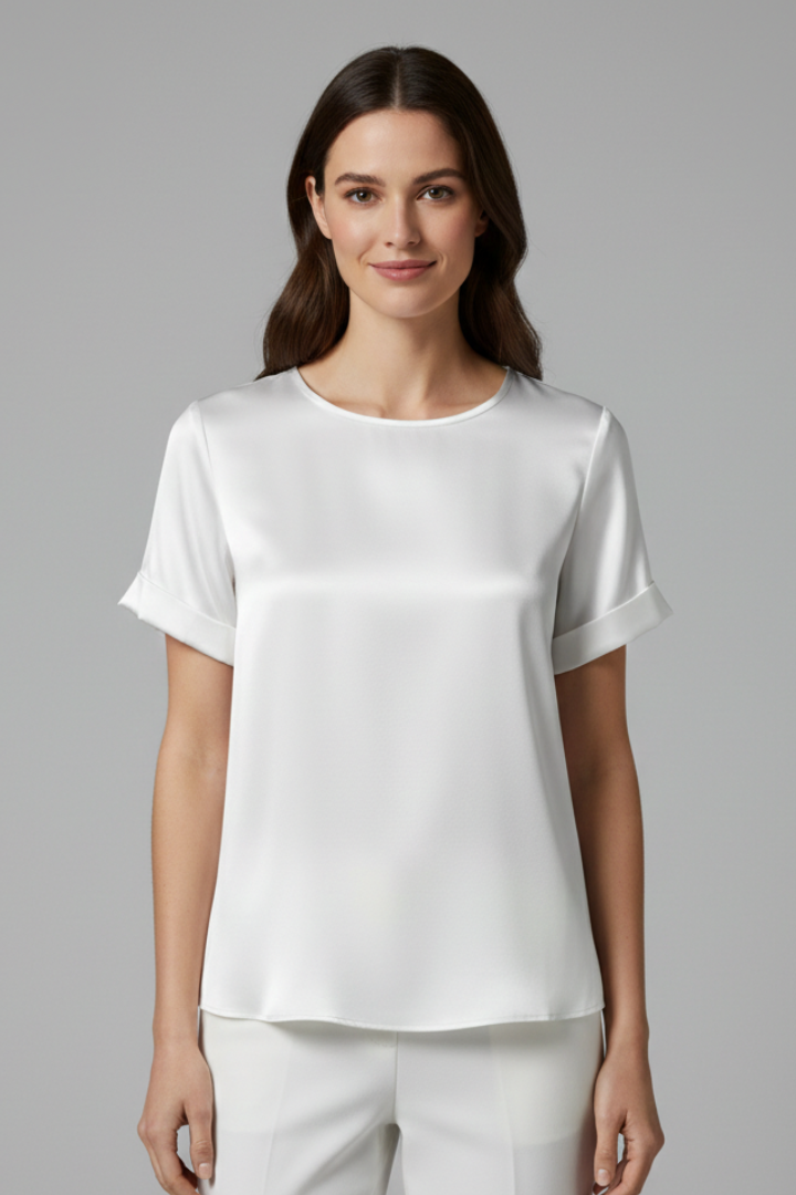 Round-Neck Cuffed Casual Blouse in White