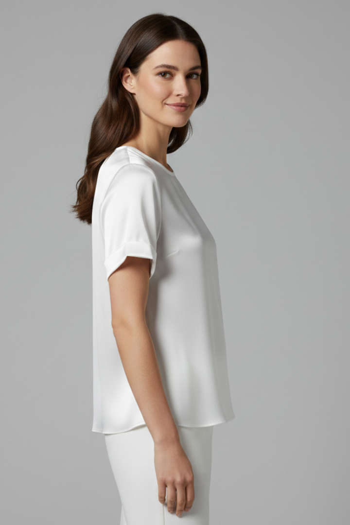Round-Neck Cuffed Casual Blouse in White