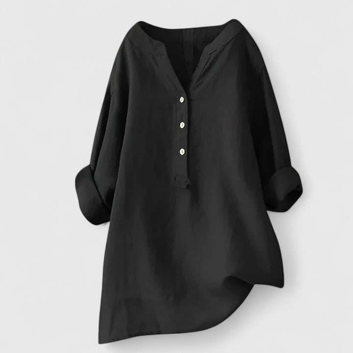 Relaxed V-Notch Button-Front Casual Blouse in Black
