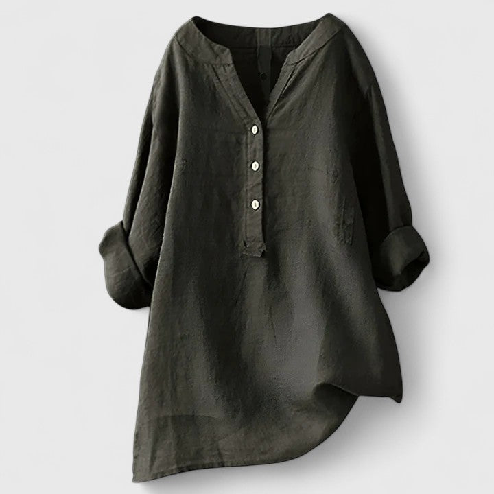 Relaxed V-Notch Button-Front Casual Blouse in Dark Grey