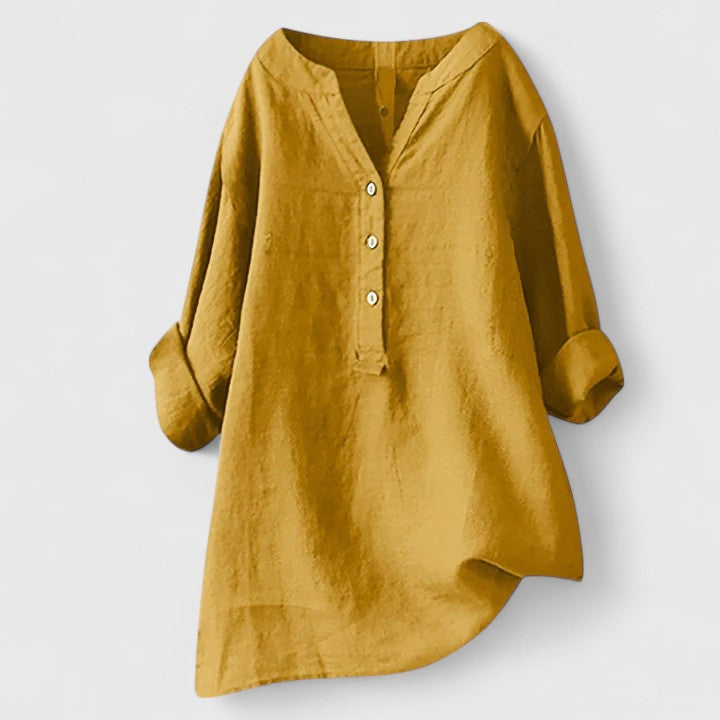 Relaxed V-Notch Button-Front Casual Blouse in Mustard
