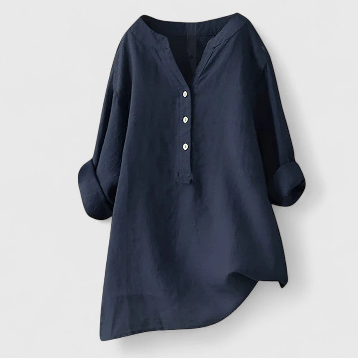 Relaxed V-Notch Button-Front Casual Blouse in Navy