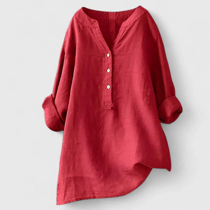 Relaxed V-Notch Button-Front Casual Blouse in Red