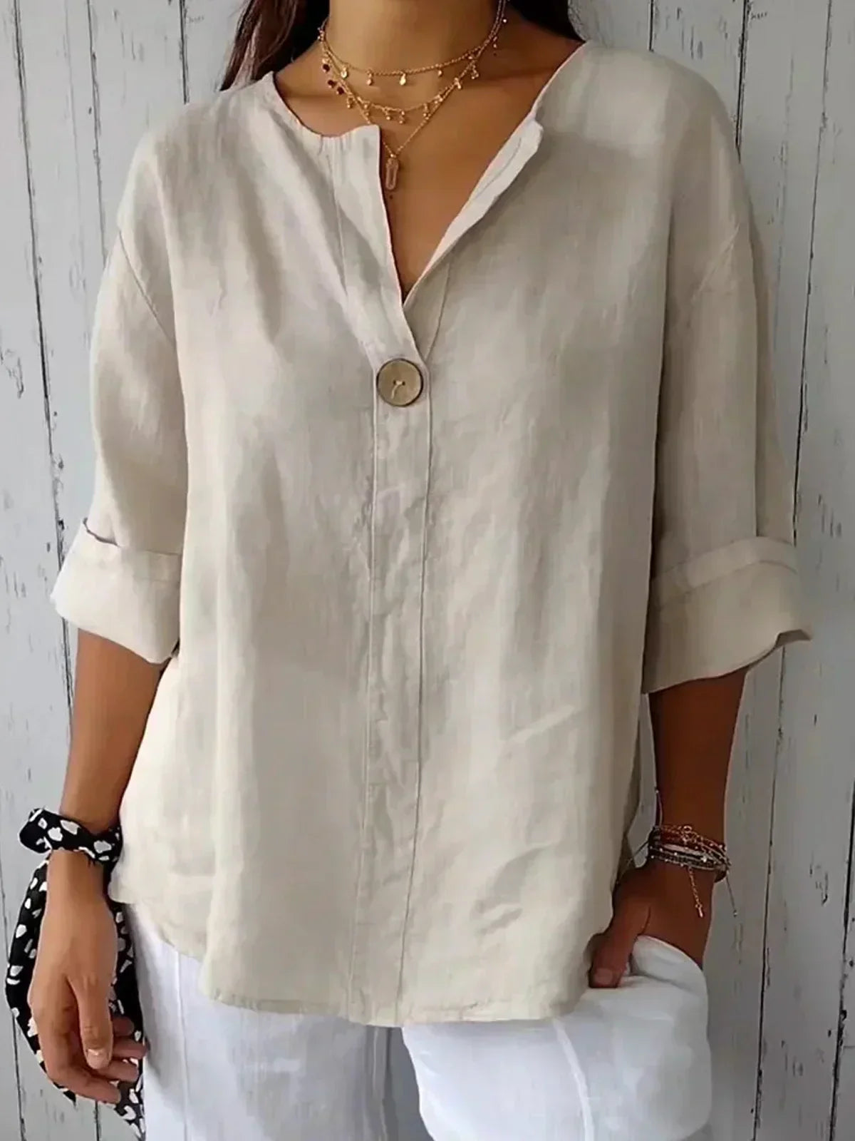 Single-Button V-Neck Casual Blouse in Beige