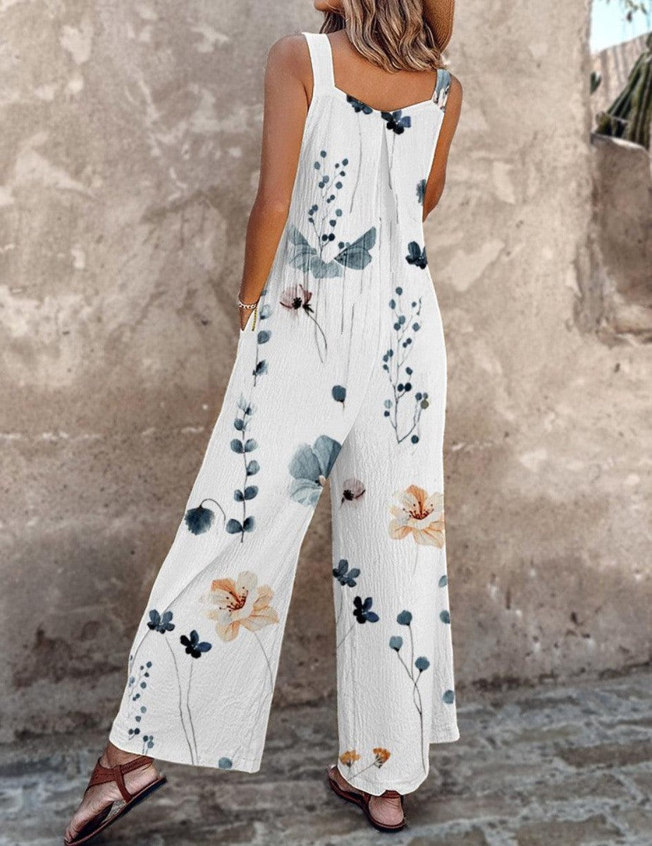 Button-Strap Wide-Leg Casual Jumpsuit in White