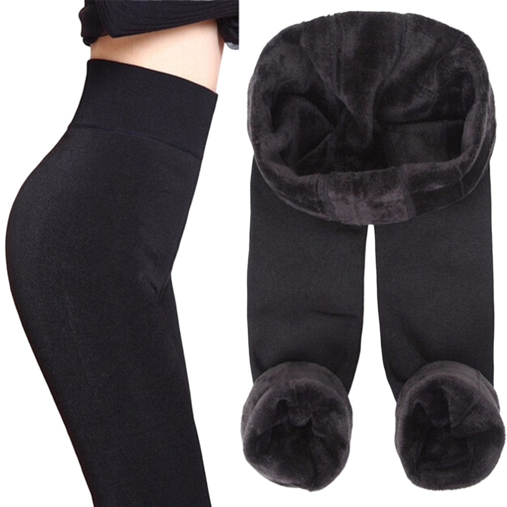 High-Waist Fleece-Backed Casual Leggings in Black