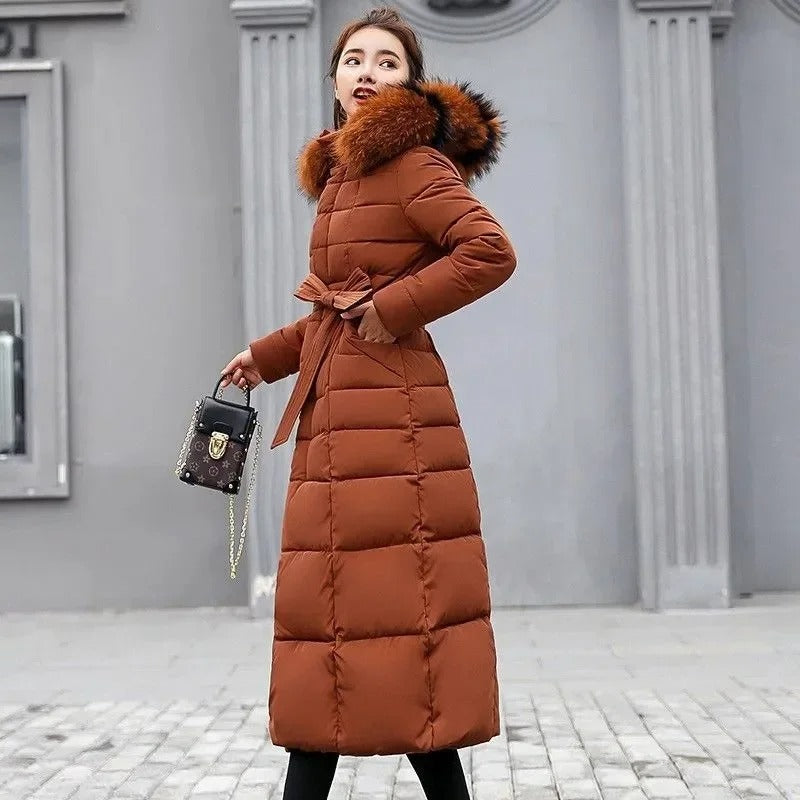 Women's Hooded Belted Quilted Casual Coat in Rust