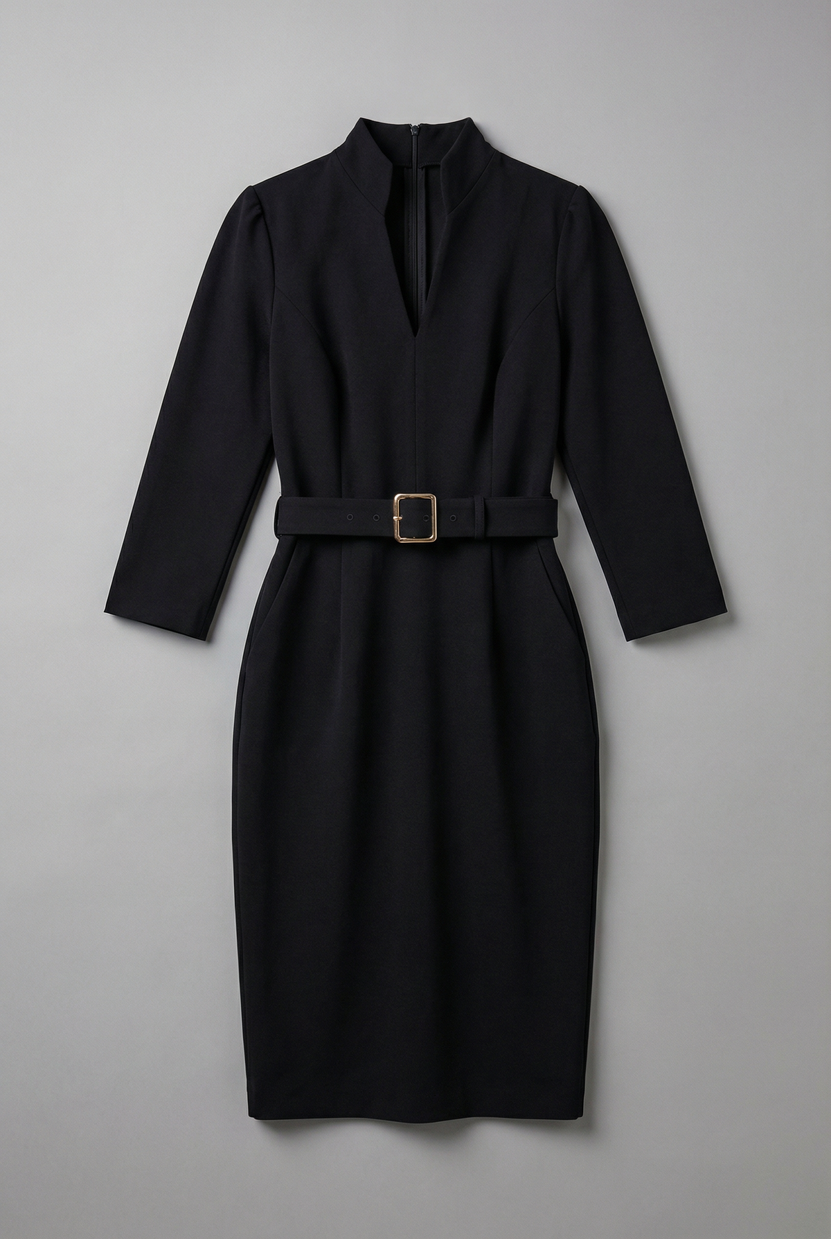Stand Collar Belted Workwear Midi Dress in Black