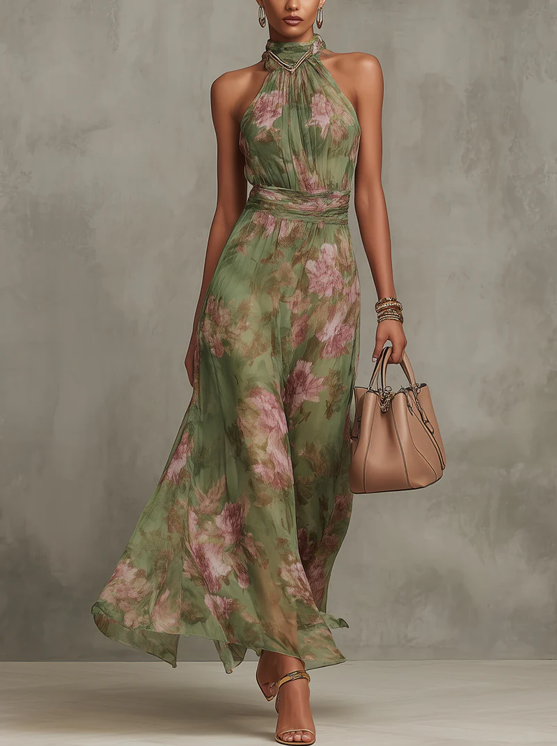 Ruched Halter-Neck Evening Maxi Dress in Sage