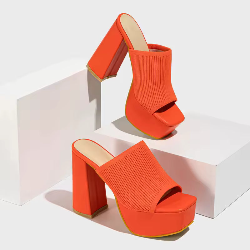 Block-Heel Platform Party Heels in Orange