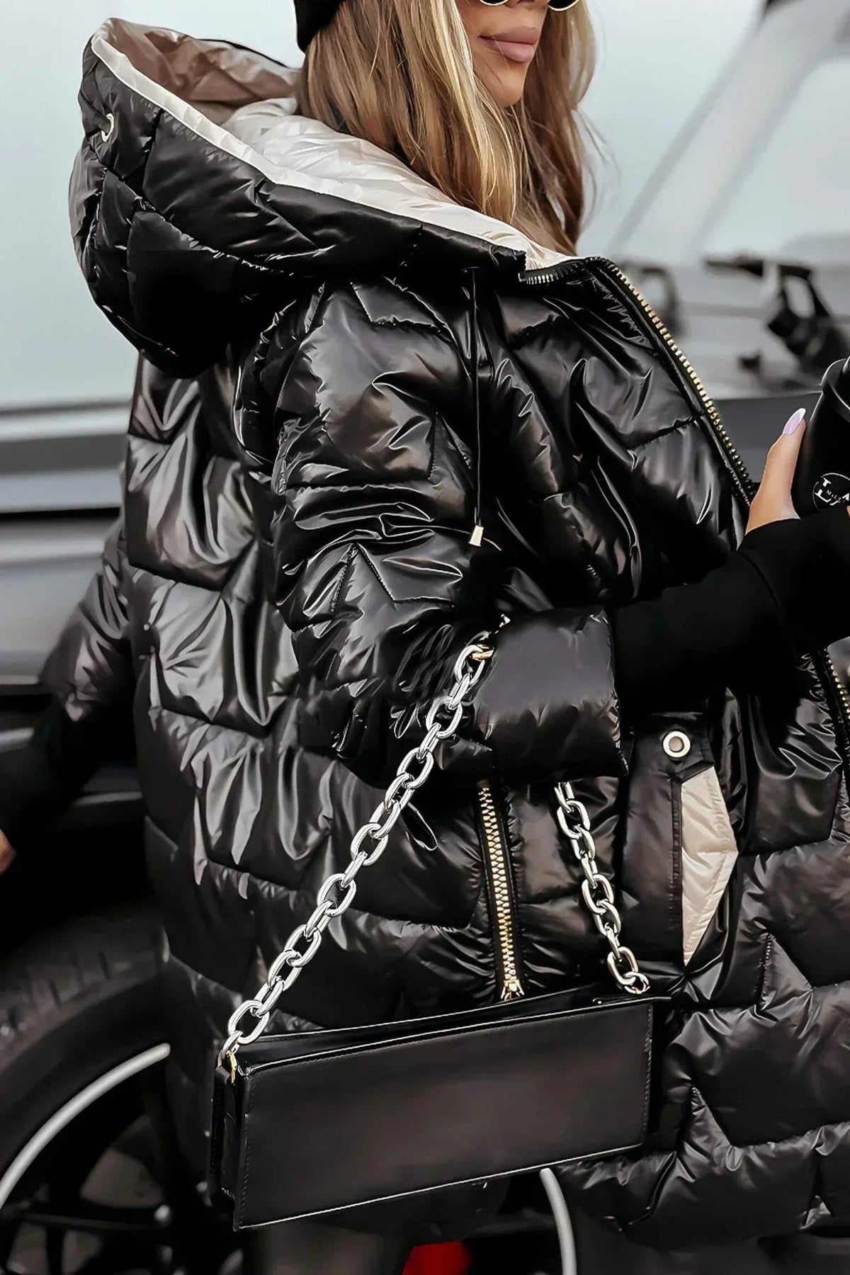 Women's Hooded Quilted Zip-Front Casual Coat in Black