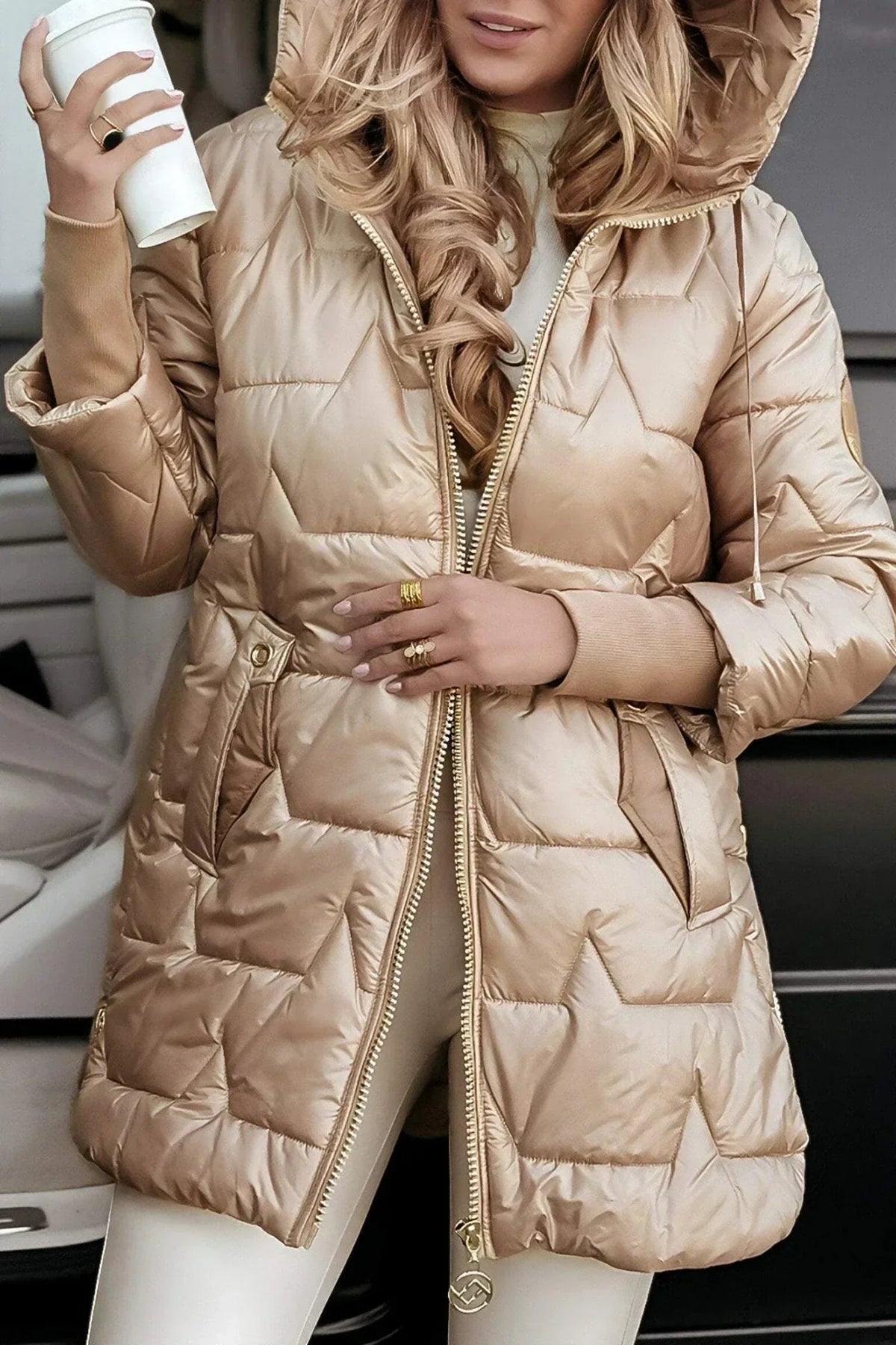 Women's Hooded Quilted Zip-Front Casual Coat in Gold