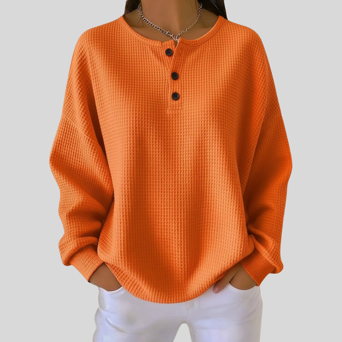 Women's Button-Front Henley Casual Jumper in Orange