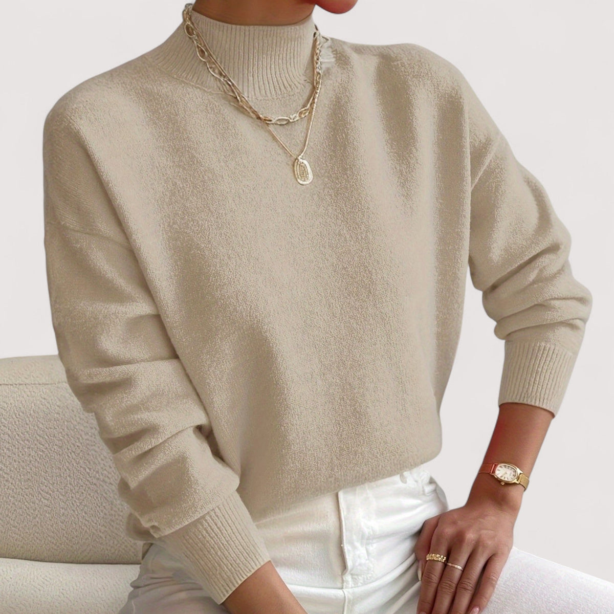Women's Mock-Neck Casual Jumper in Beige