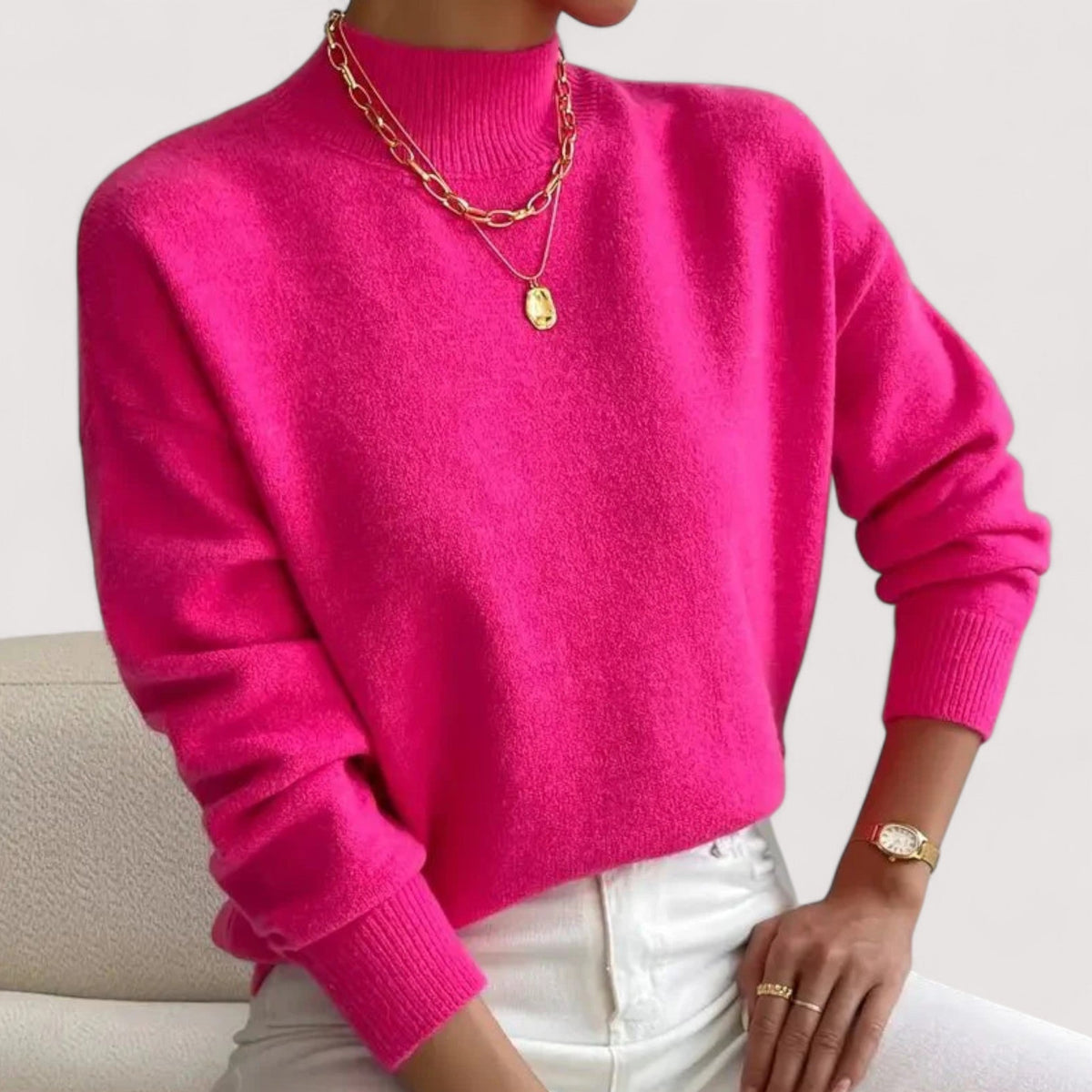 Women's Mock-Neck Casual Jumper in Fuchsia