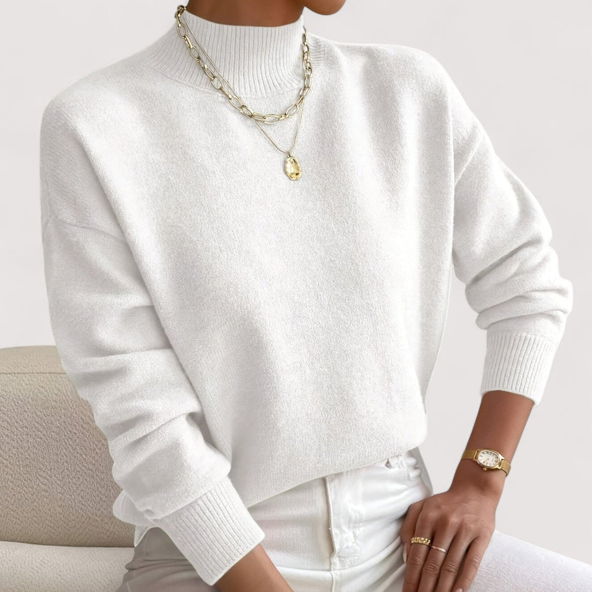 Women's Mock-Neck Casual Jumper in White