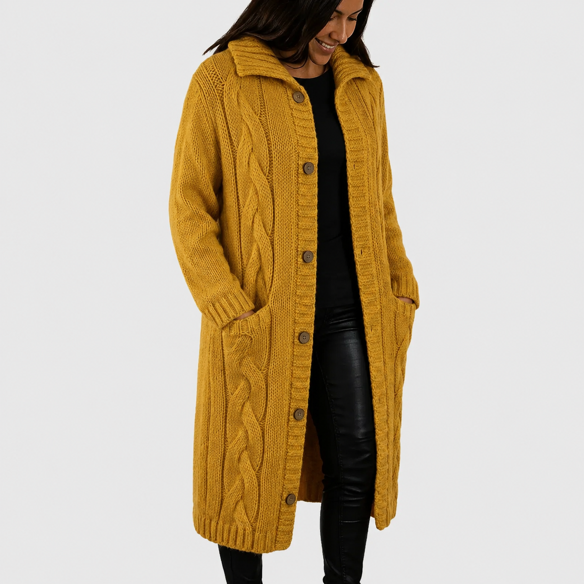 Women's Button-Front Casual Cardigan in Mustard
