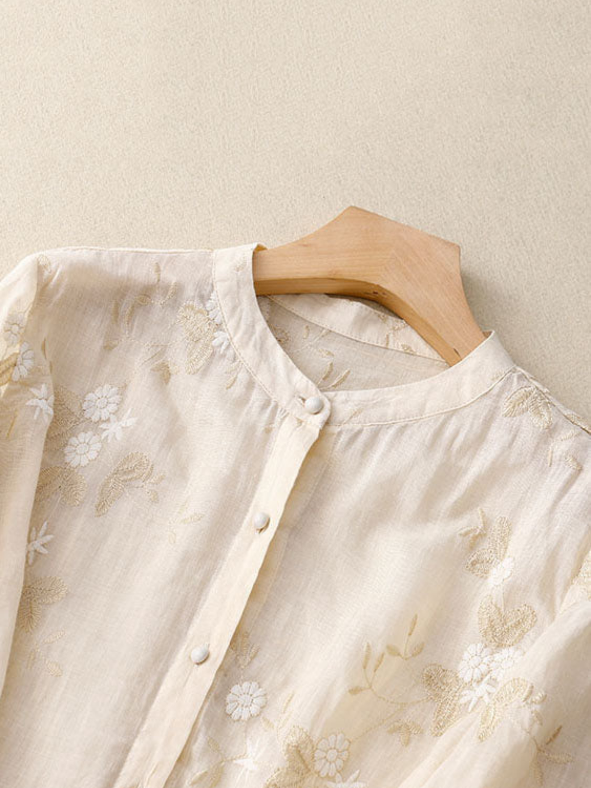 Embroidered Button-Front Casual Blouse in Cream