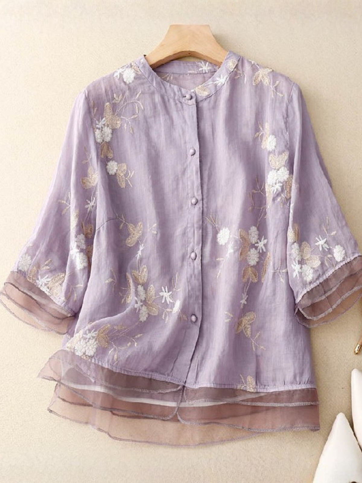 Embroidered Button-Front Casual Blouse in Lilac