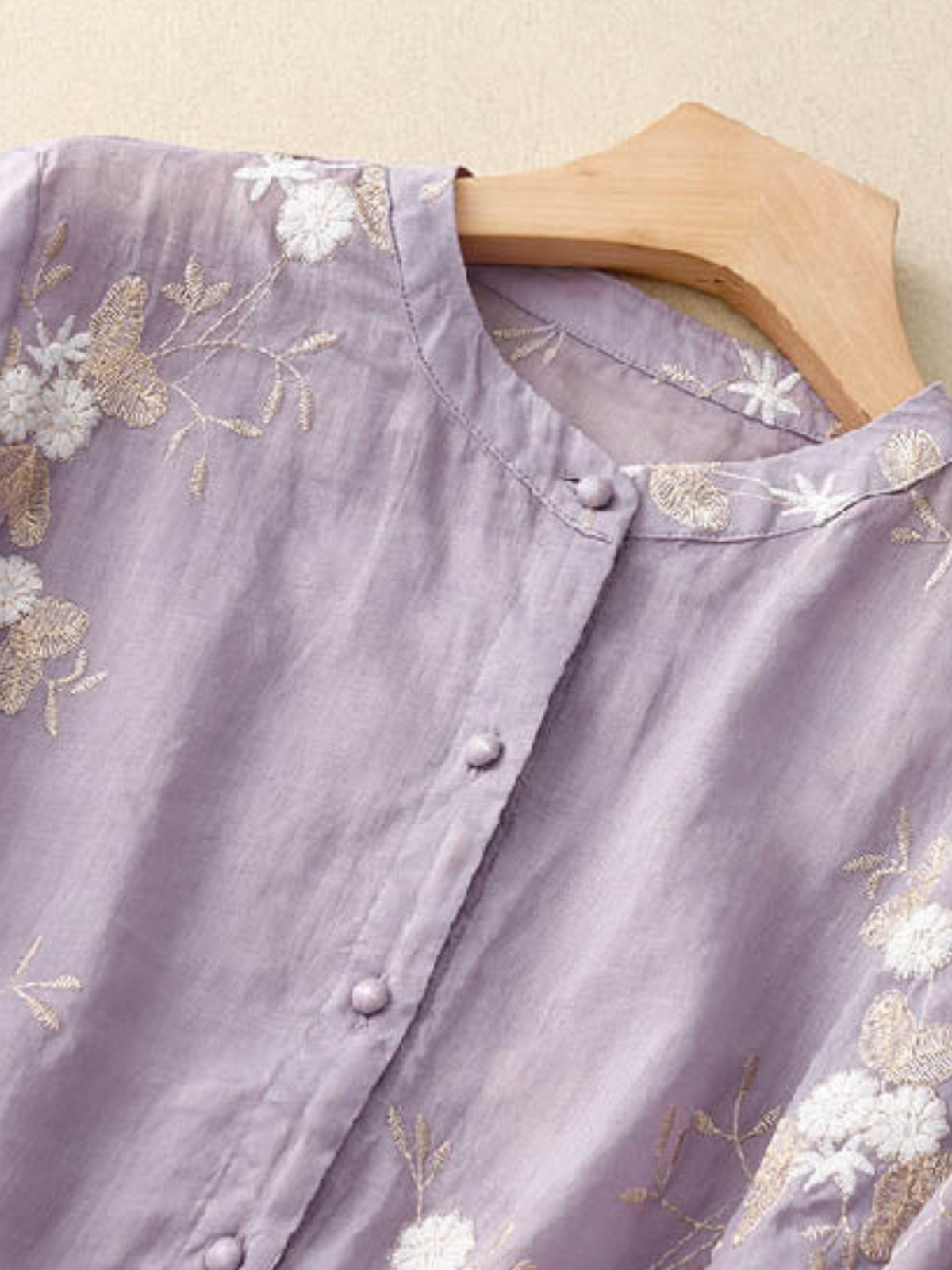 Embroidered Button-Front Casual Blouse in Lilac