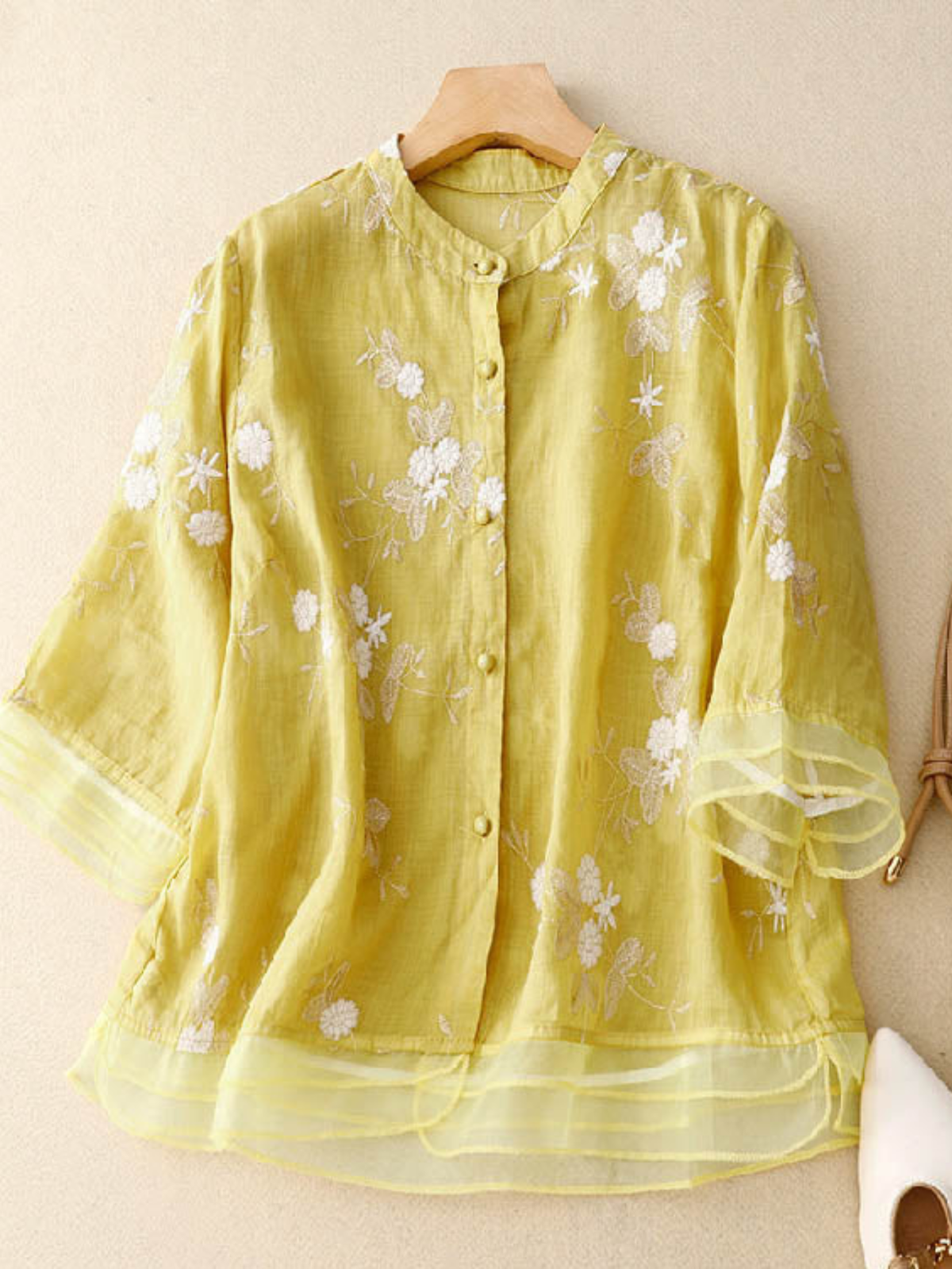 Embroidered Button-Front Casual Blouse in Yellow