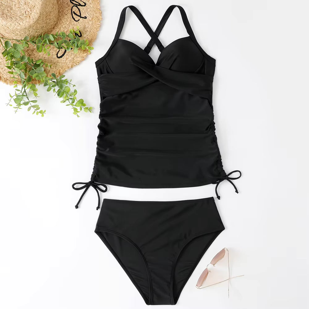 Ruched Side-Tie Cross-Back Beach Swimsuit in Black