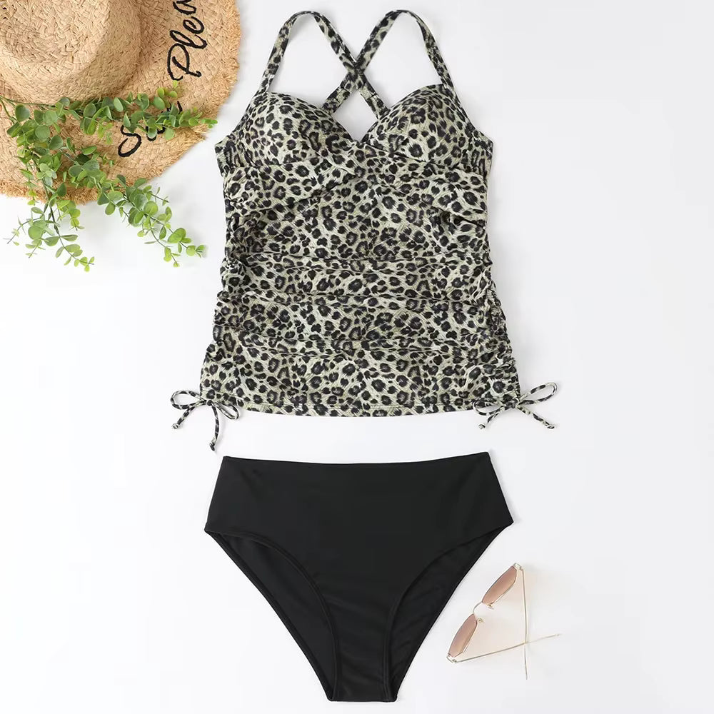 Ruched Side-Tie Cross-Back Beach Swimsuit in Leopard