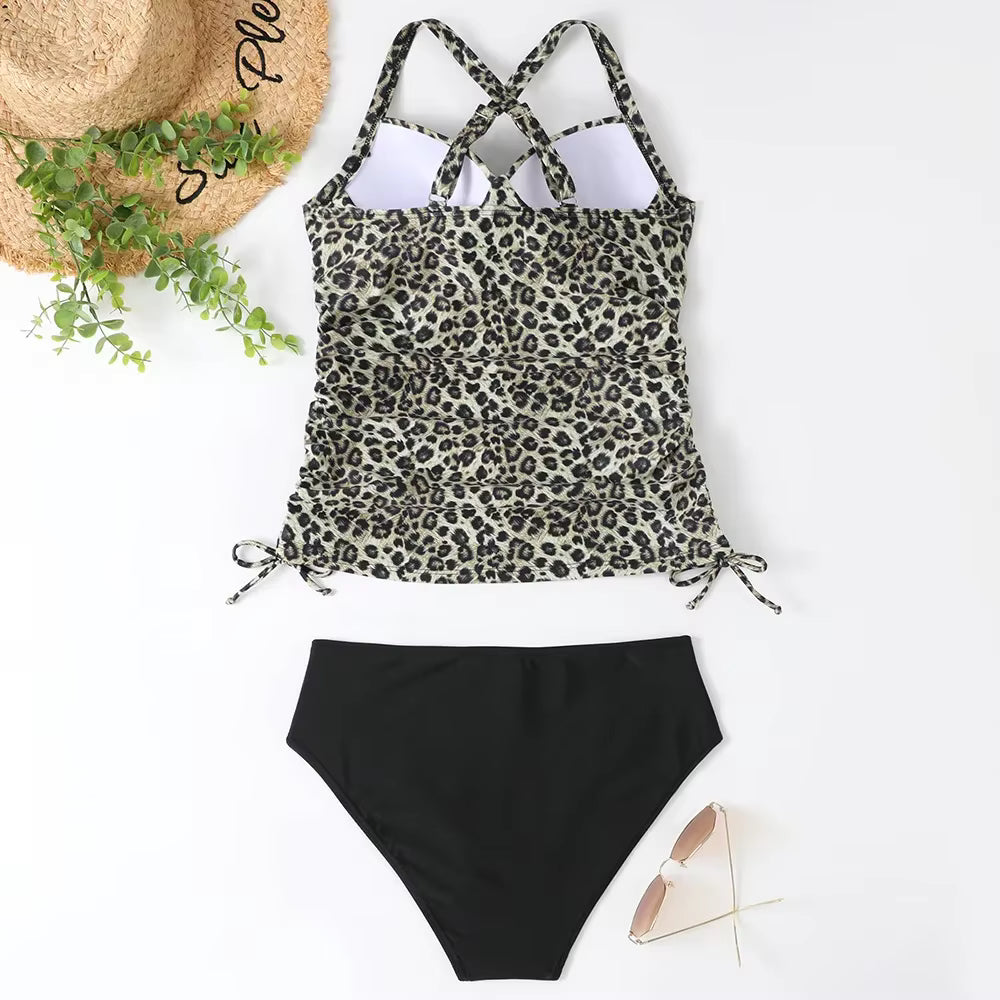 Ruched Side-Tie Cross-Back Beach Swimsuit in Leopard