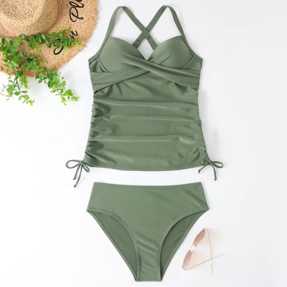 Ruched Side-Tie Cross-Back Beach Swimsuit in Sage