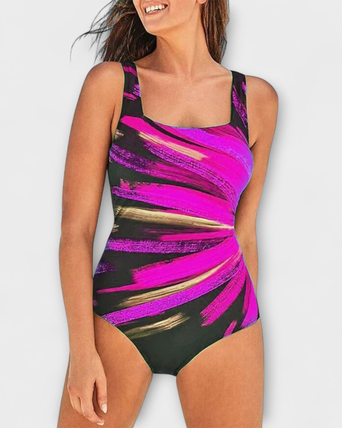 Square-Neck Printed Beach Swimsuit in Fuchsia