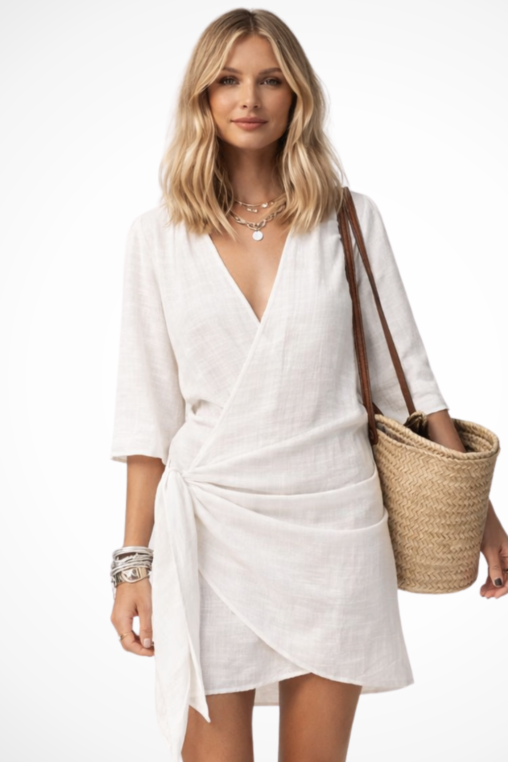 Tie-Waist Wrap Holiday Mini Dress in White
