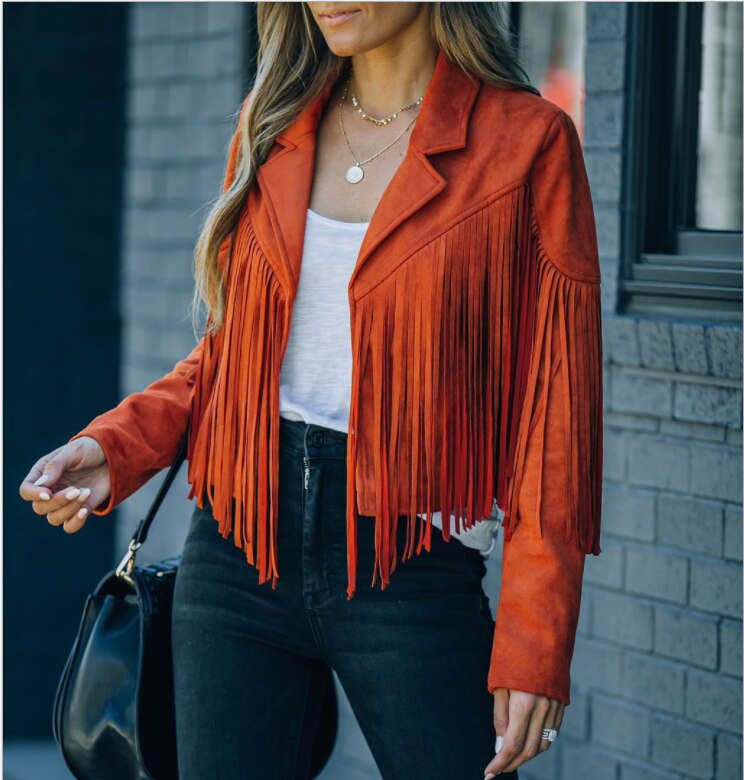 Women's Cropped Fringe-Trim Casual Jacket in Rust