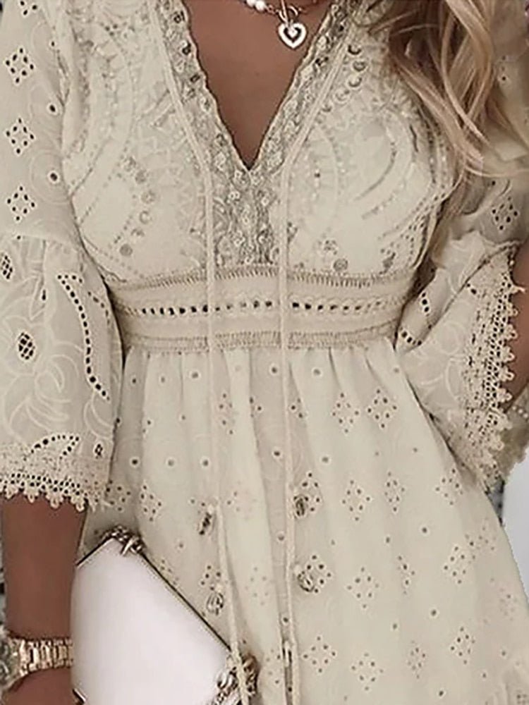 Bell-Sleeve V-Neck Casual Mini Dress in Beige
