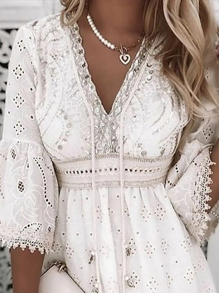Bell-Sleeve V-Neck Casual Mini Dress in White