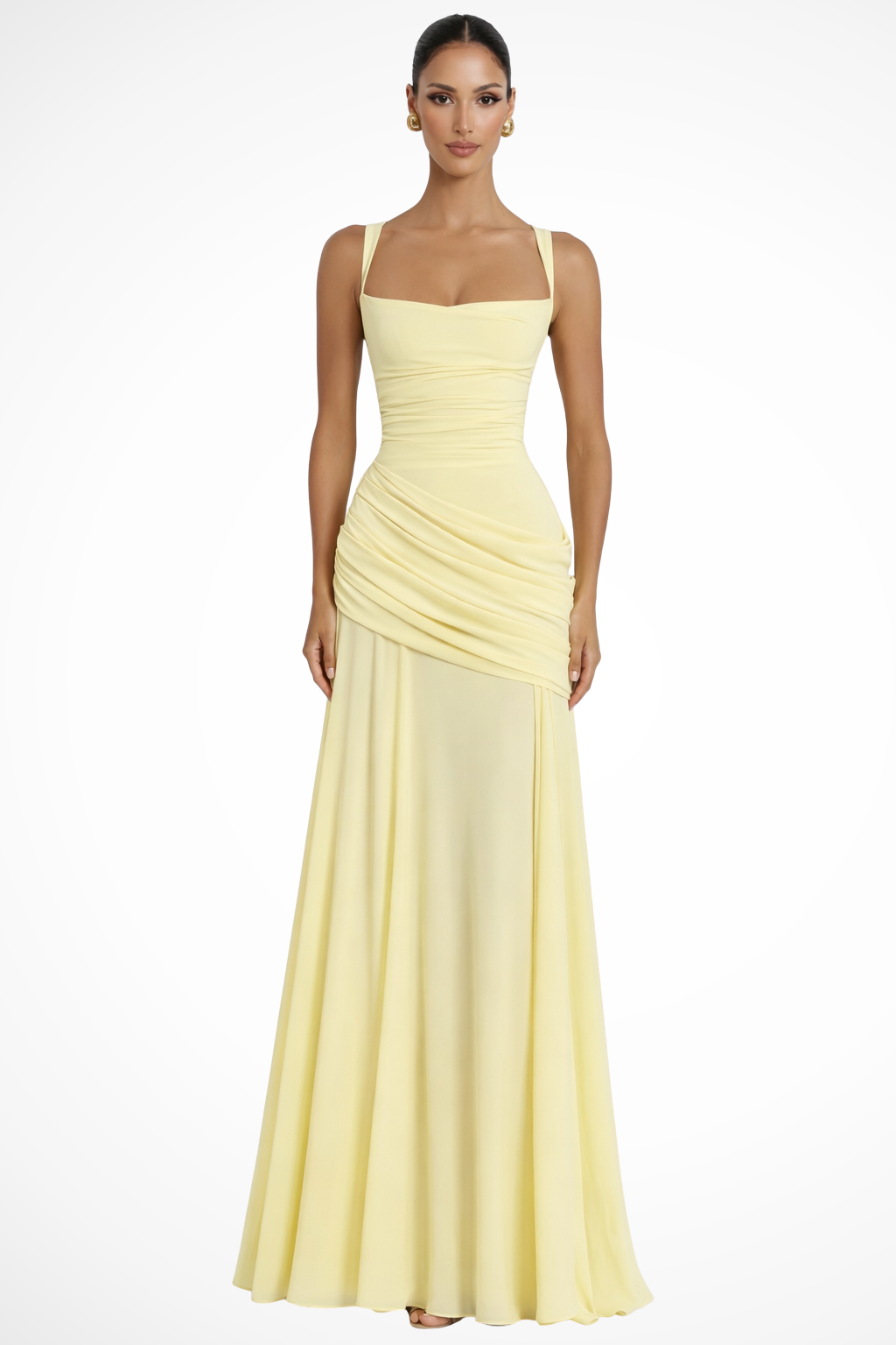 Ruched Draped Evening Maxi Dress in Yellow