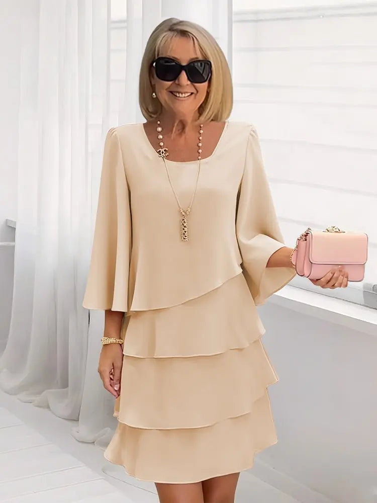 Tiered Bell-Sleeve Cocktail Mini Dress in Beige
