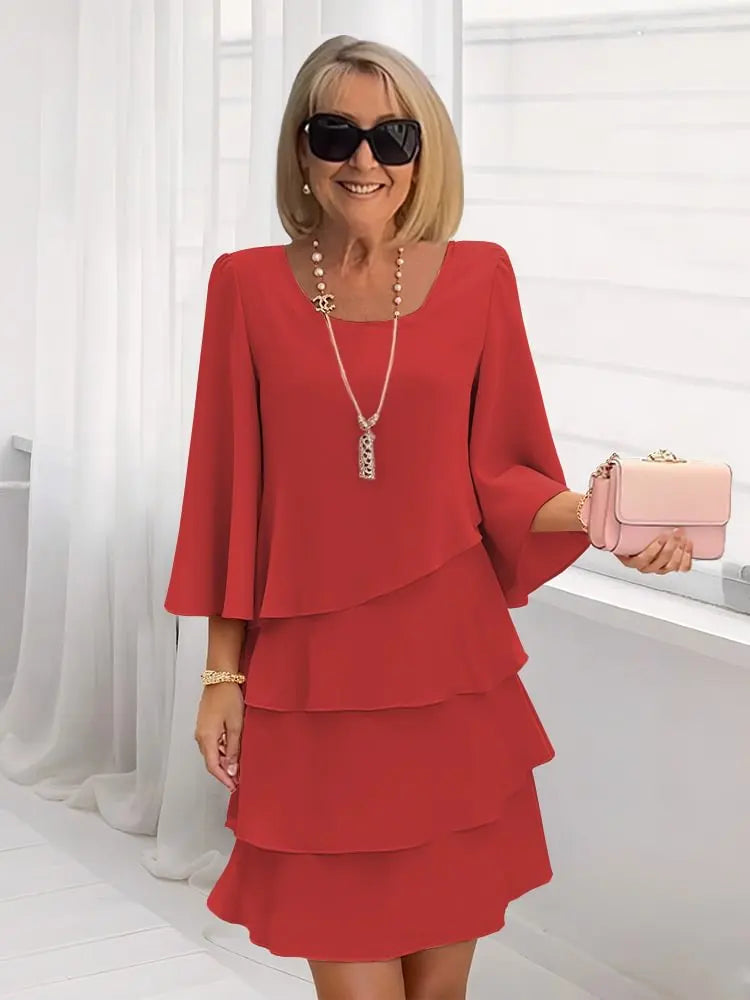 Tiered Bell-Sleeve Cocktail Mini Dress in Red