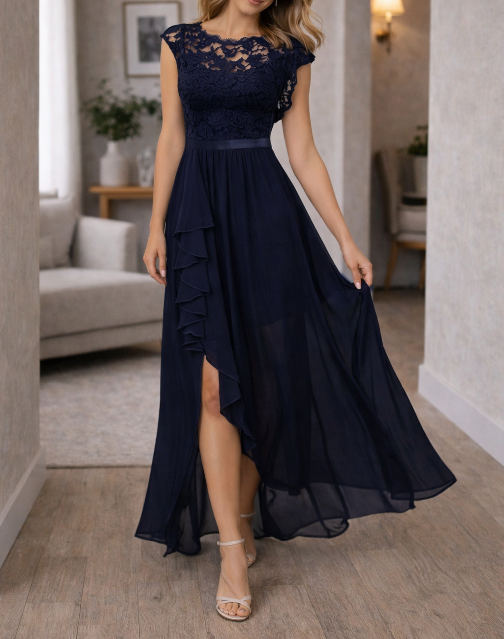 Lace Bodice High-Low Evening Maxi Dress in Navy
