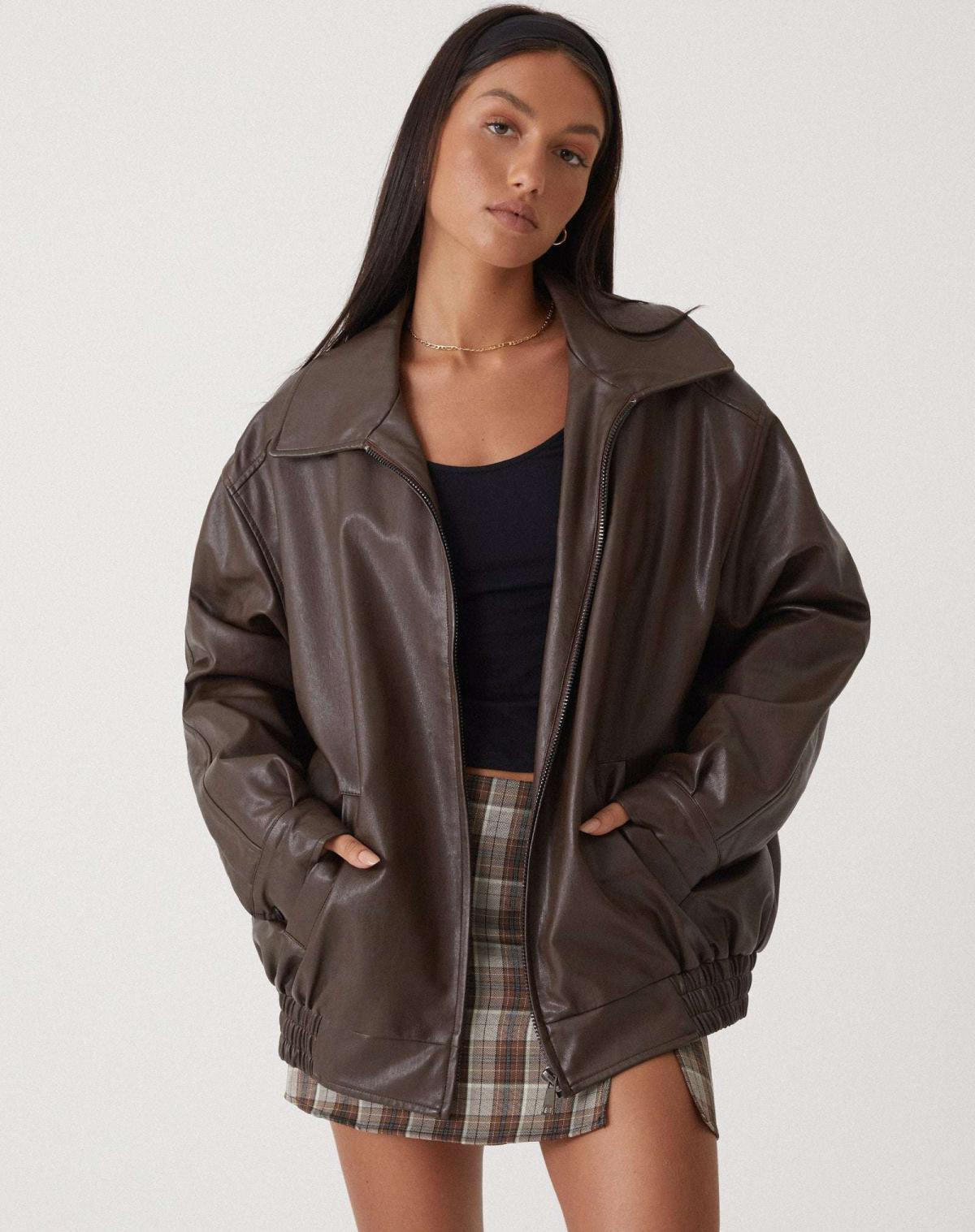 Women's Oversized Zip-Front Casual Jacket in Dark Brown