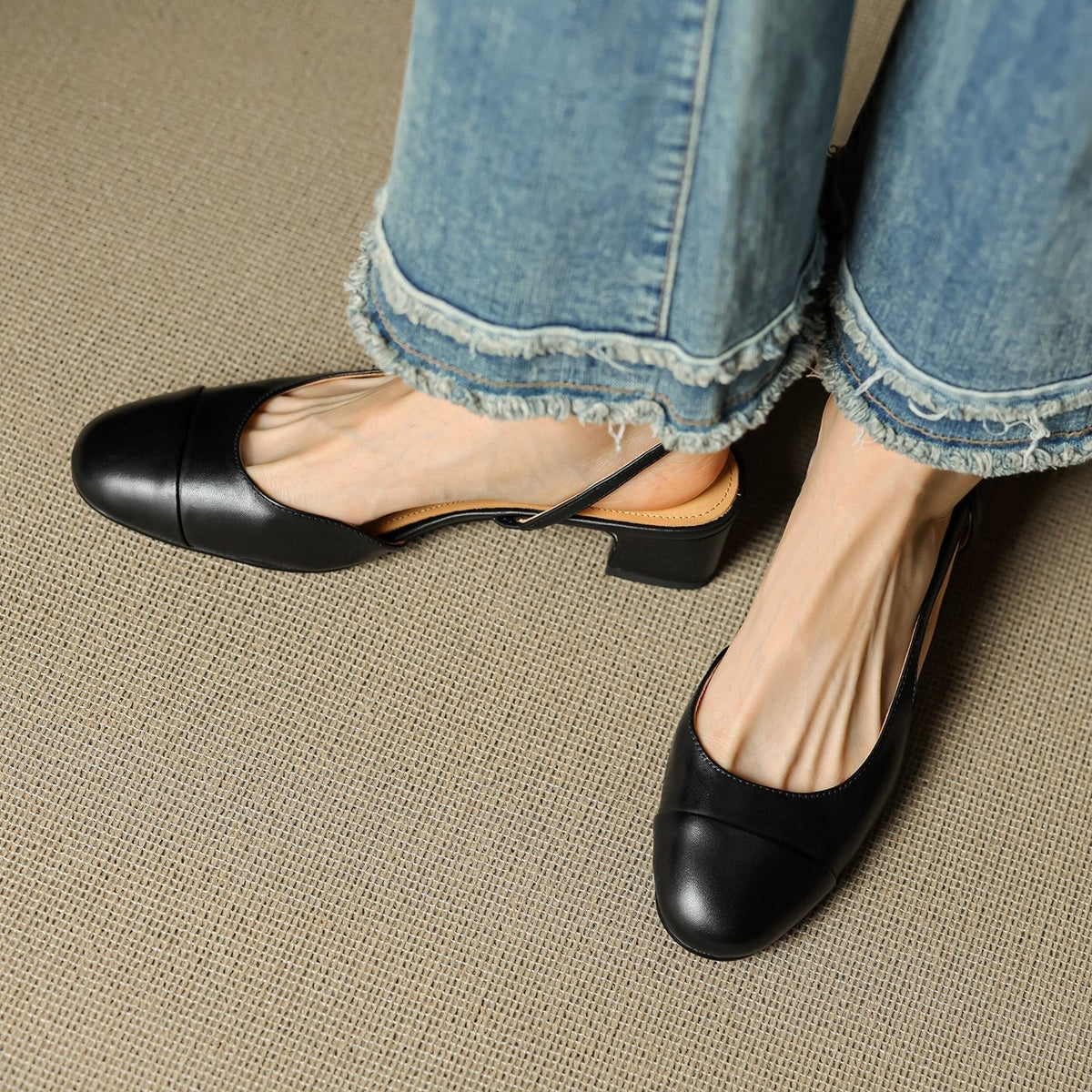 Cap-Toe Slingback Workwear Heels in Black